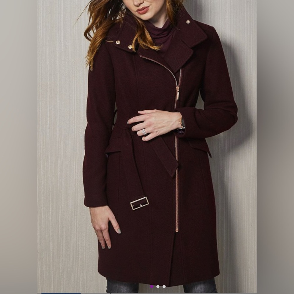 NWT Cole Haan Bordeaux Mock-Neck Wool -blend Trench